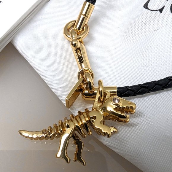 Coach BRAIDED CHARM FRIENDSHIP BRACELET Leather Rexy Dinosaur Gold Black 67043 - Picture 2 of 7